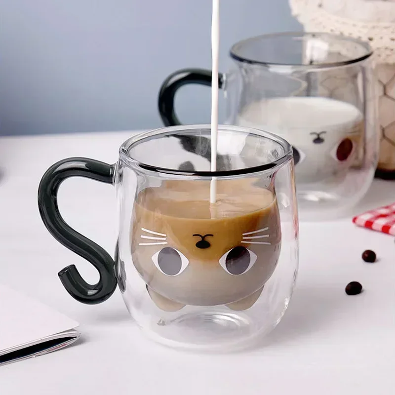 Home 250ml Creative Cartoon Cat Double Wall Glass Cup with Handle Cute Coffee Cup Heat-resistant Mug Office Kitchen Drink Ware