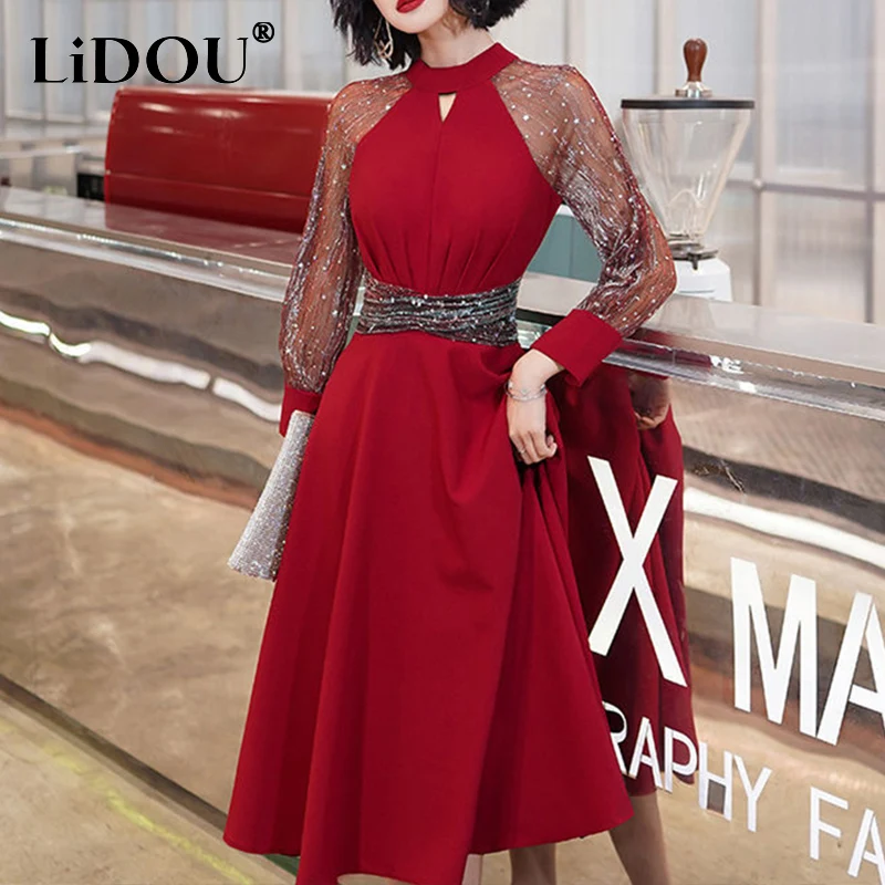 

Autumn Winter Elegant Fashion Lace Patchwork Shiny Dress Women Long Sleeve Sexy Waist Vestidos Temperament Evening Party Dresses