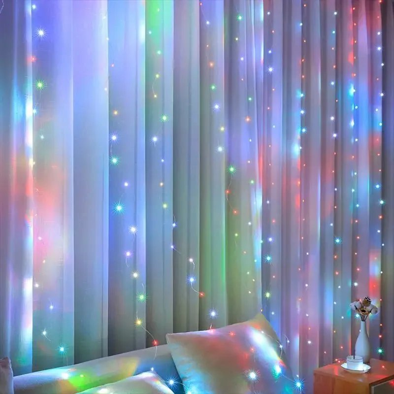 Cortina de luces LED RGB de 3 x 3/2/1 m, decoración navideña, para casa, dormitorio, boda, guirnalda de hadas, lámpara con enchufe USB y control remoto