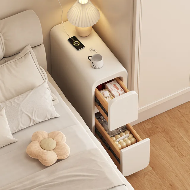 Solid Wood Bedside Table with 2 Drawers No-Leg Design Small Nightstand for Bedroom Minimalist Narrow Storage Cabinet 2