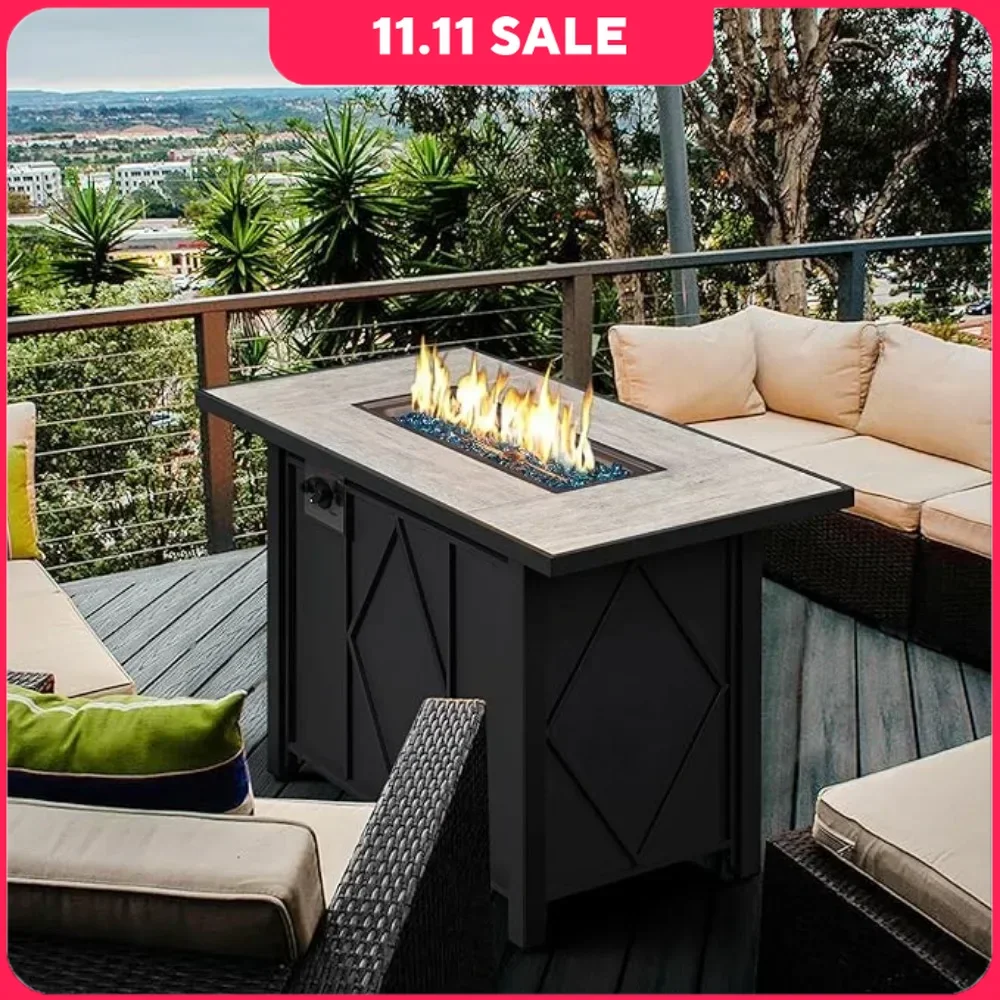 43 Inch Gas Fire Pit Table 50,000 BTU Auto-Ignition 2 in 1 Gas Firepit Ceramic Tabletop Steel Base Pits
