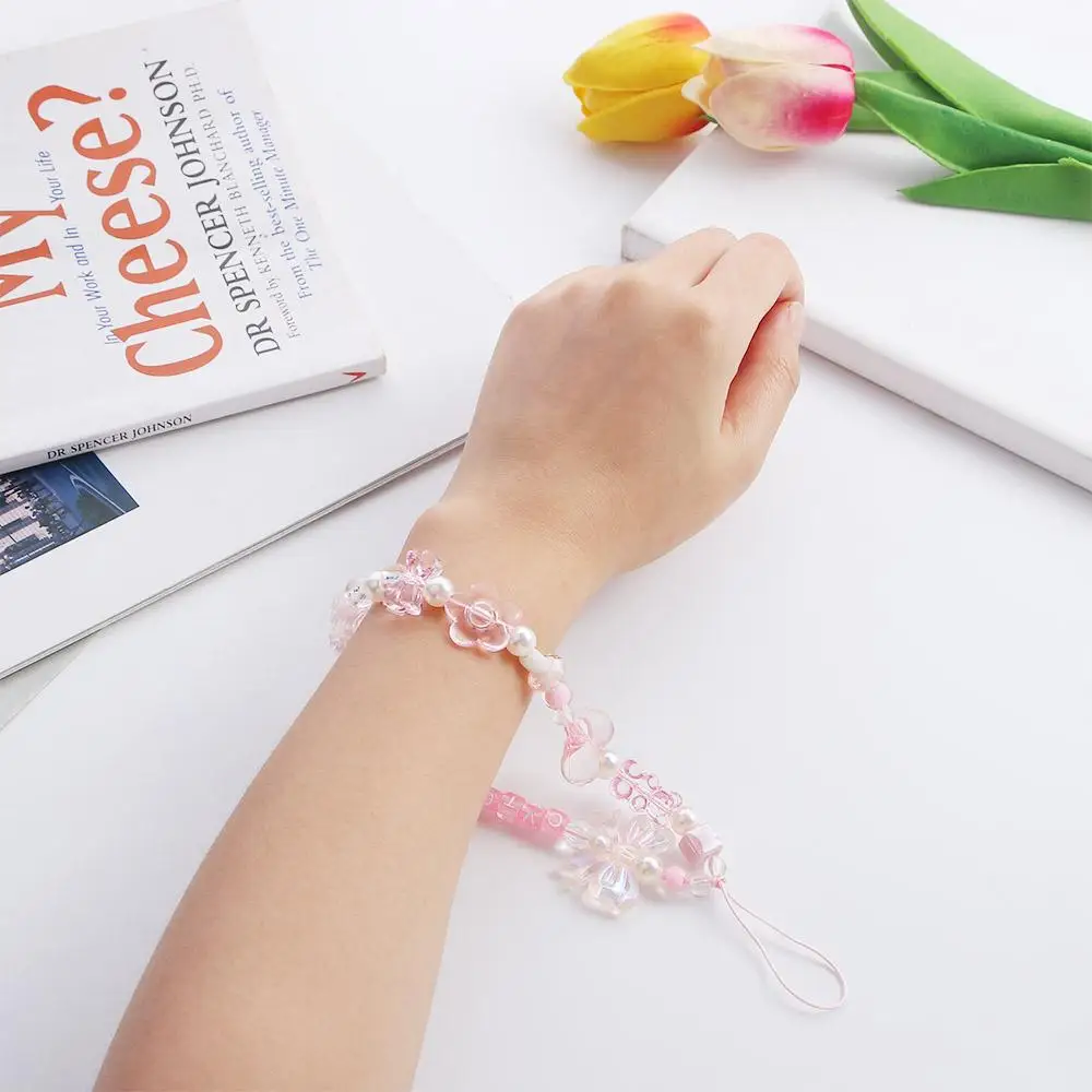 Pink Beaded Acrylic Phone Charm Wrist Strap Lanyard