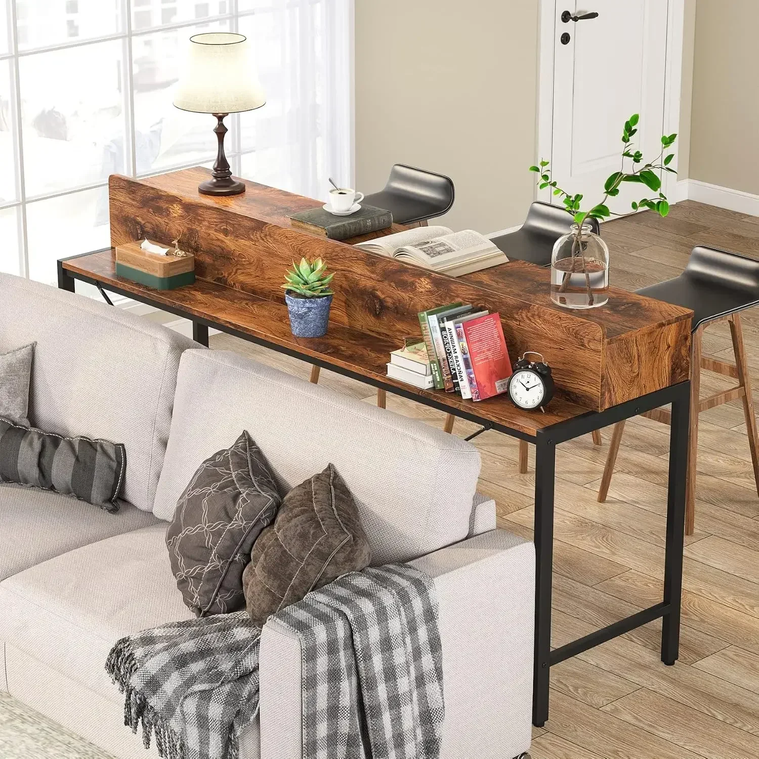 New2025-70.9 Inch Extra Long Sofa Table with Storage, Industrial Table Behind Sofa with Open Shelves, 2-Tier Bar Height Console