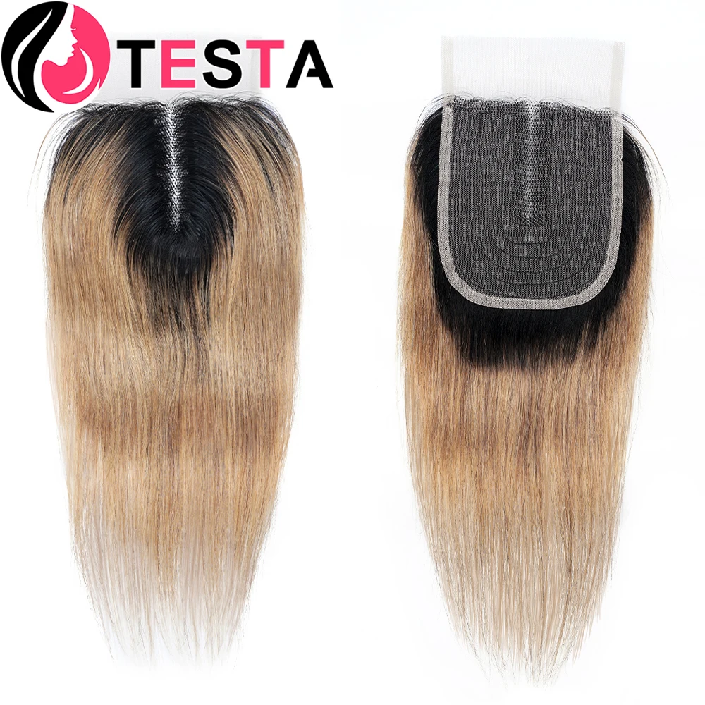 4*1 T Part Lace Closure Human Hair Natural Color T1B30/27 Brazilian Straight Pure-Hand Tied Light Brown Swiss Lace Prepluck