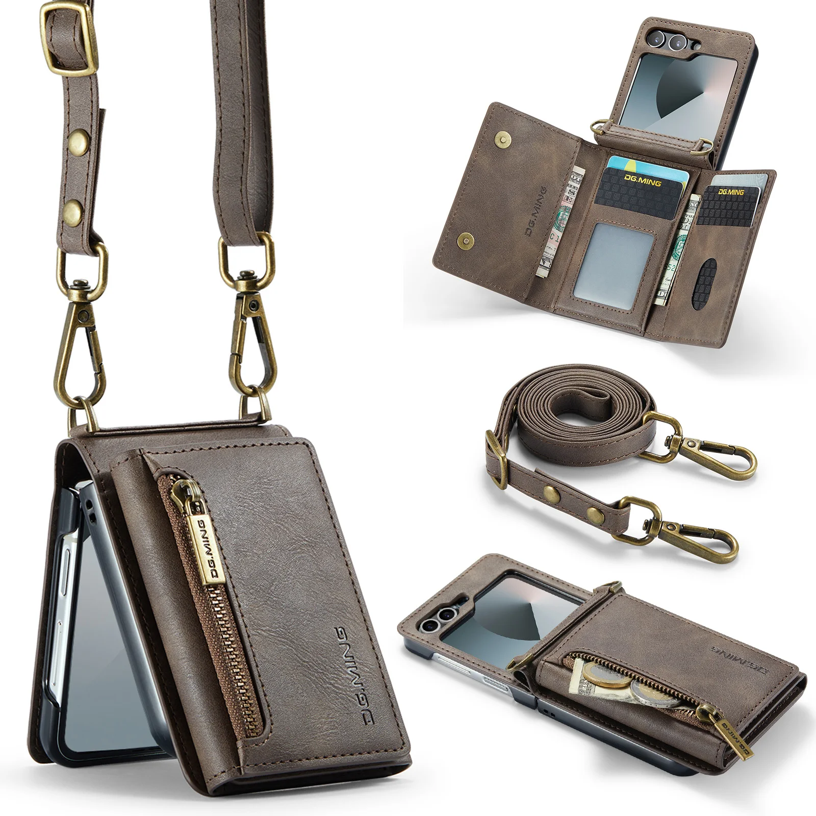 Luxury Leather Flip Phone Case with Magnetic Wallet and Zipper Lanyard