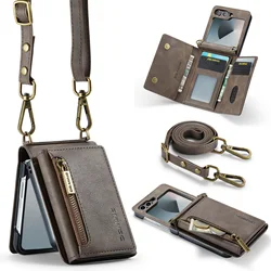 Luxury Leather Flip Phone Case with Magnetic Wallet and Zipper Lanyard - Galaxy Z Flip 8 (Coffee - M5)