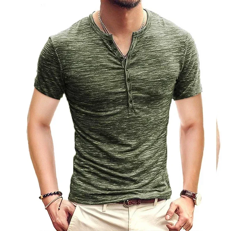 

NO.2A148 Men Henley T Shirt Short Sleeve Stylish Slim Fit T-shirt Button Up V Neck Casual Men Tshirts US Size