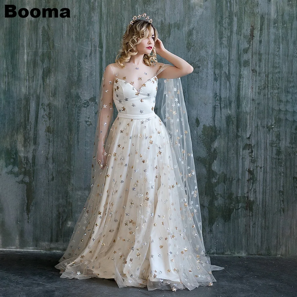 

Booma A Line Maxi Prom Dresses Starry Tulle Sequins Cape Wedding Party Dresses Long Evening Formal Gowns Graduation Party Gowns