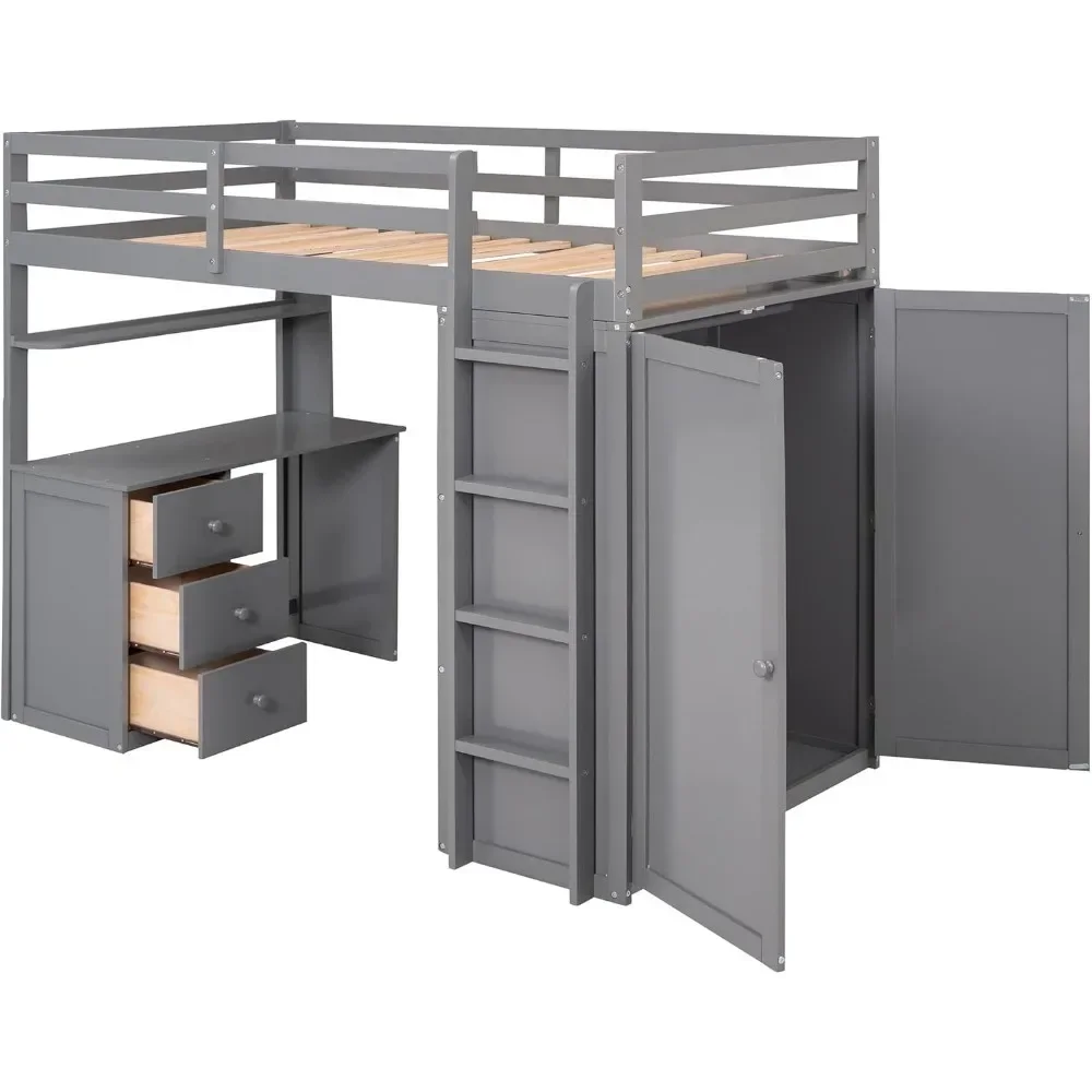 Twin Size Loft Bed Solid Wooden Loft Bed Frame with Drawers,Desk,and Wardrobe & Safety Guardrail for Kids, Boys and,GirlsTeens 5