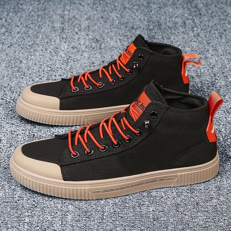 

Hot Sale Cheap Black Men Canvas Shoes Breathable Non-slip Vulcanized Shoes For Man Lace-up Comfortable Men's High Top Sneakers