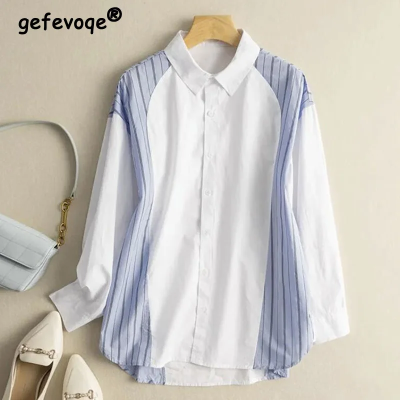 

100% Cotton Shirt for Women Literature Art Retro Turn-down Collar Patchwork Striped Printing Long Sleeve Single Breasted Blouse