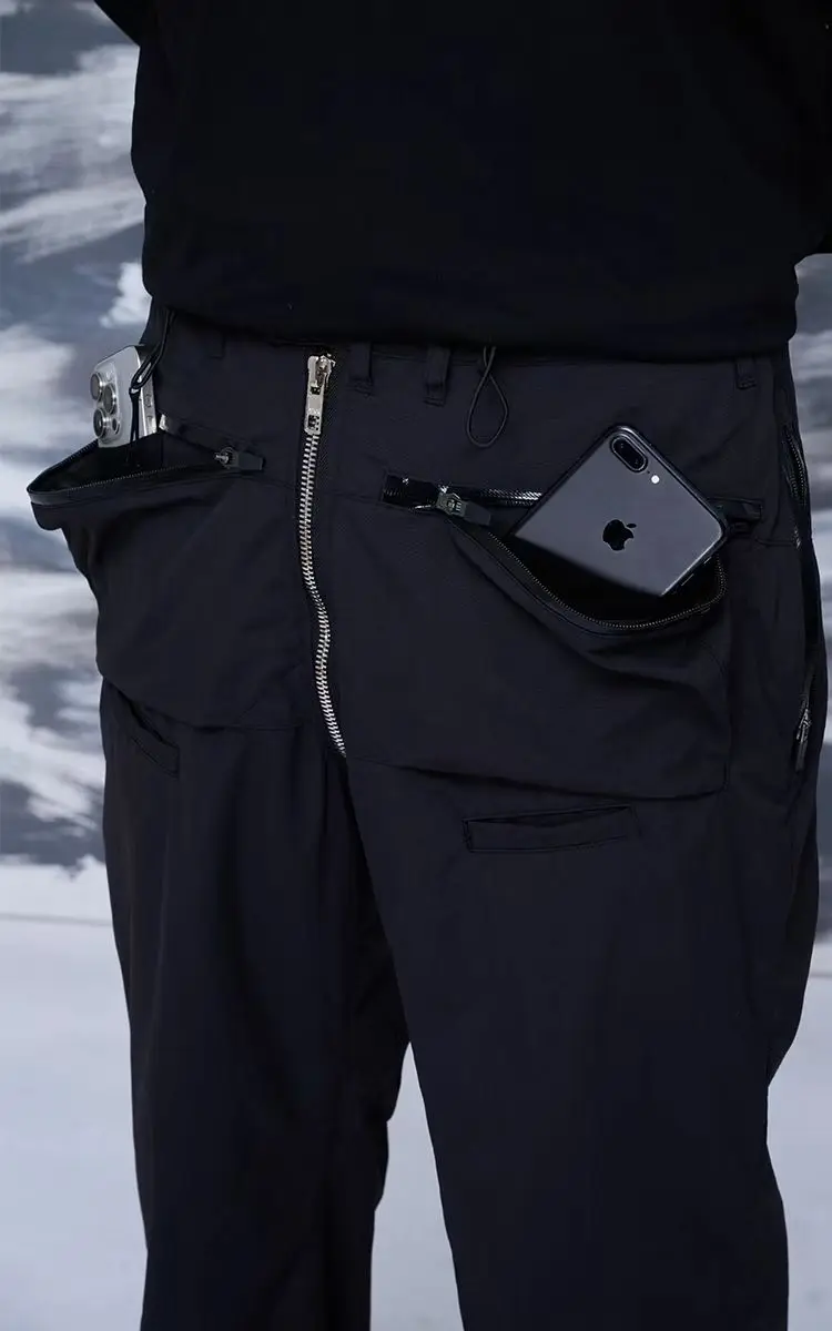 Atzen Nylon wide leg pants multipocket ykk zippers drawcord waistband techwear