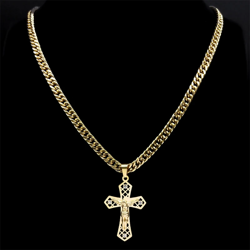 Gold Stainless Steel Jesus Christ Crucifix Pendant Necklace - Religious Punk Jewelry