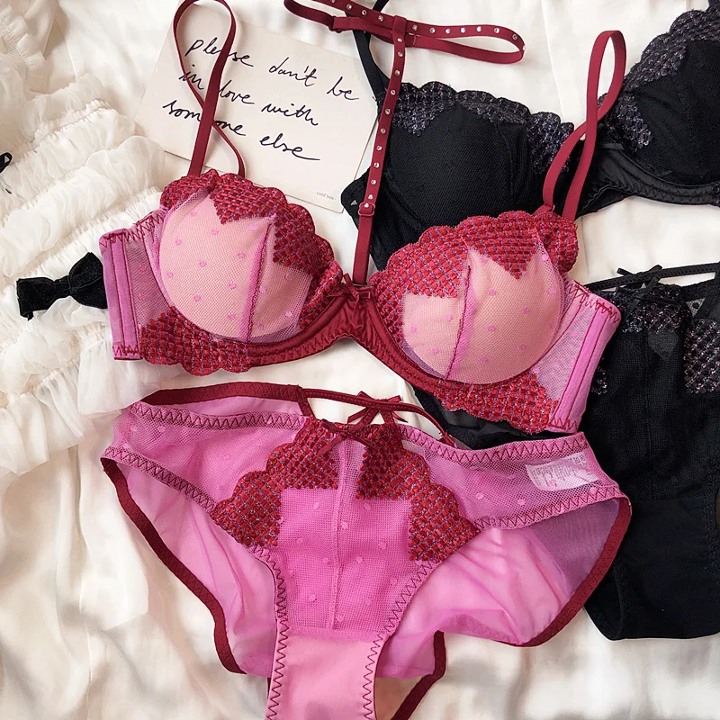 French Sexy Halter Underwear for Women Lace Love Embroidery Bra Set Shiny Diamond Lingerie Comfort Bras Hollow Panties Set