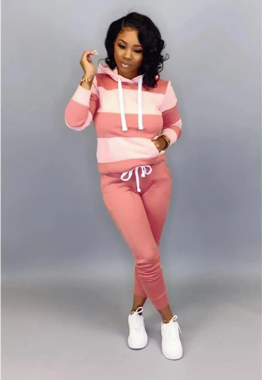 Autumn/Winter Women's Hooded Jogging Set Fashion Striped Hoodie Set Fashion Pullover Hoodie+2 pieces of Sports Pants