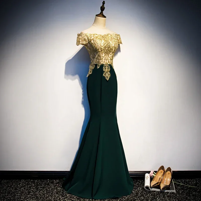 Evening Dresses Gloden Appliques Green Jersey Off the Shoulder Lace up Mermaid Trumpet Floor Length Plus zie Women Party Gown