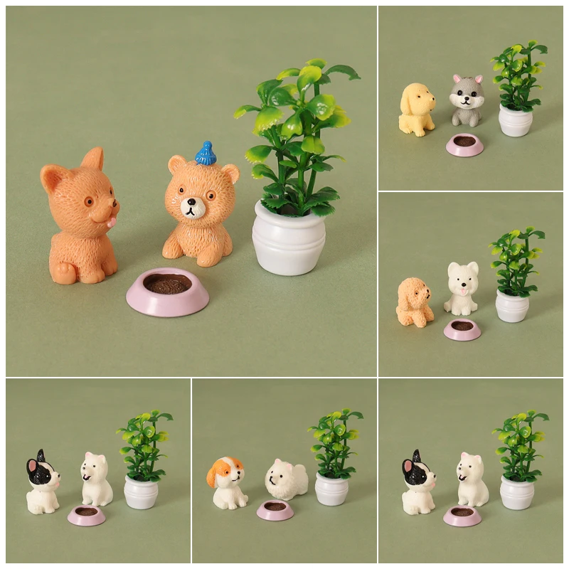 

4Pcs/set Dollhouse Simulated Pet Dog With Dog Food Potted Ornament Model For 1/12 DollsHouse Living Room Scene Decor Accessories