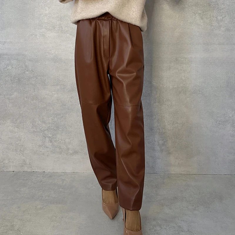 Leather Pants Streetwear Casual Solid PU Leather Pants for Women Spring Elastic Waist Pocket Trousers Autumn Straight Office Ladies Pants