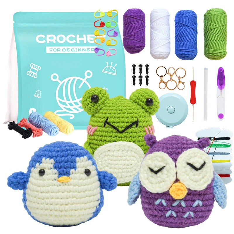 Crochet Kit For Beginner Crochet Knitting Kit Cute Frog Owl Penguin Animal Dolls Starter Pack with Tool Set and Instruct