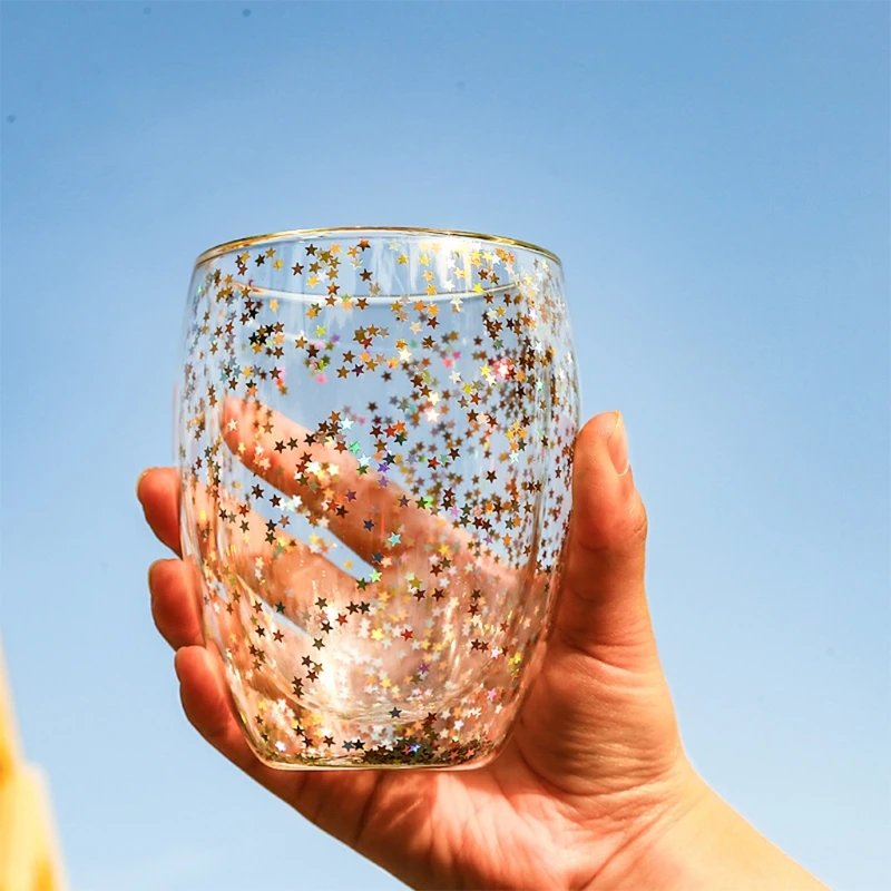 P82D for Creative Double Wall Glass Cups Sequins Star for Wish Glasses Mugs Home Party Bar Wine Cocktail Coffee Milk Glass