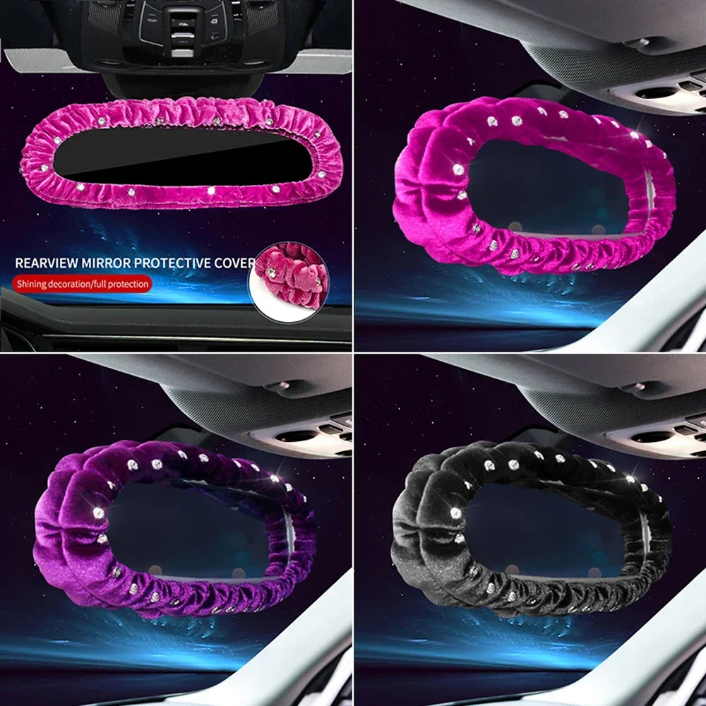 Crystal Diamond Plush Auto Rearview Mirror Decor Bling Rhinestone Car Interior Accessories Elastic Rearview Mirror Cover Women