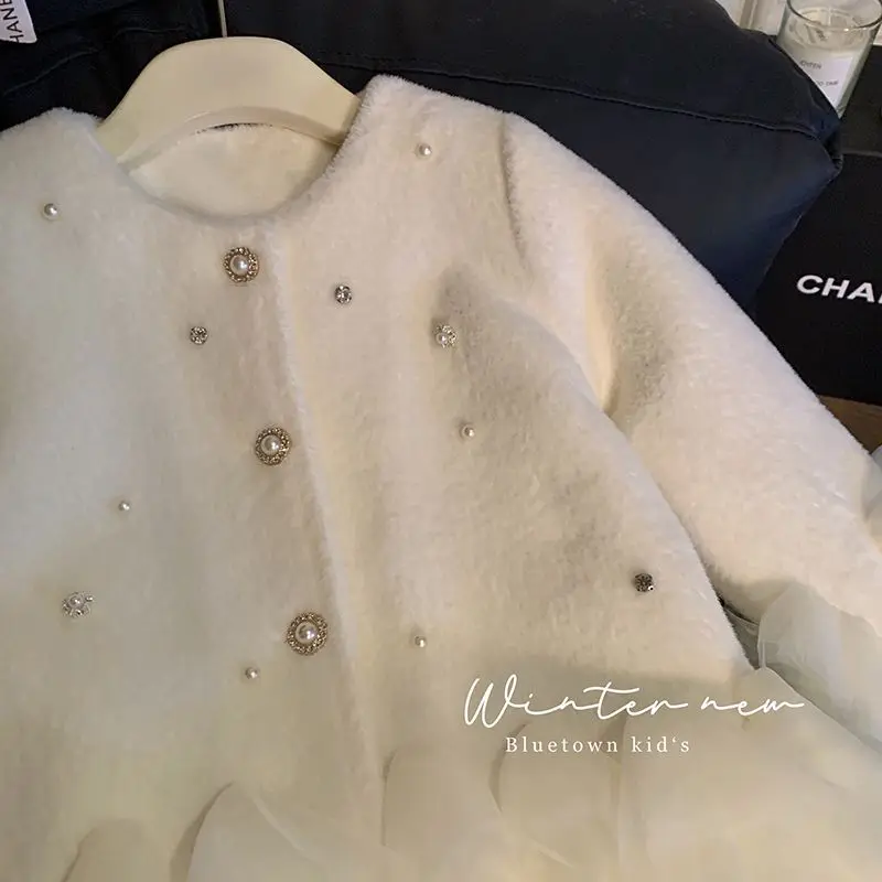  여아용 울 재킷 신상 겨울 진주 장식 두꺼운 따뜻한  여아 코트 중간 길이 어린이 여아 생일 파카