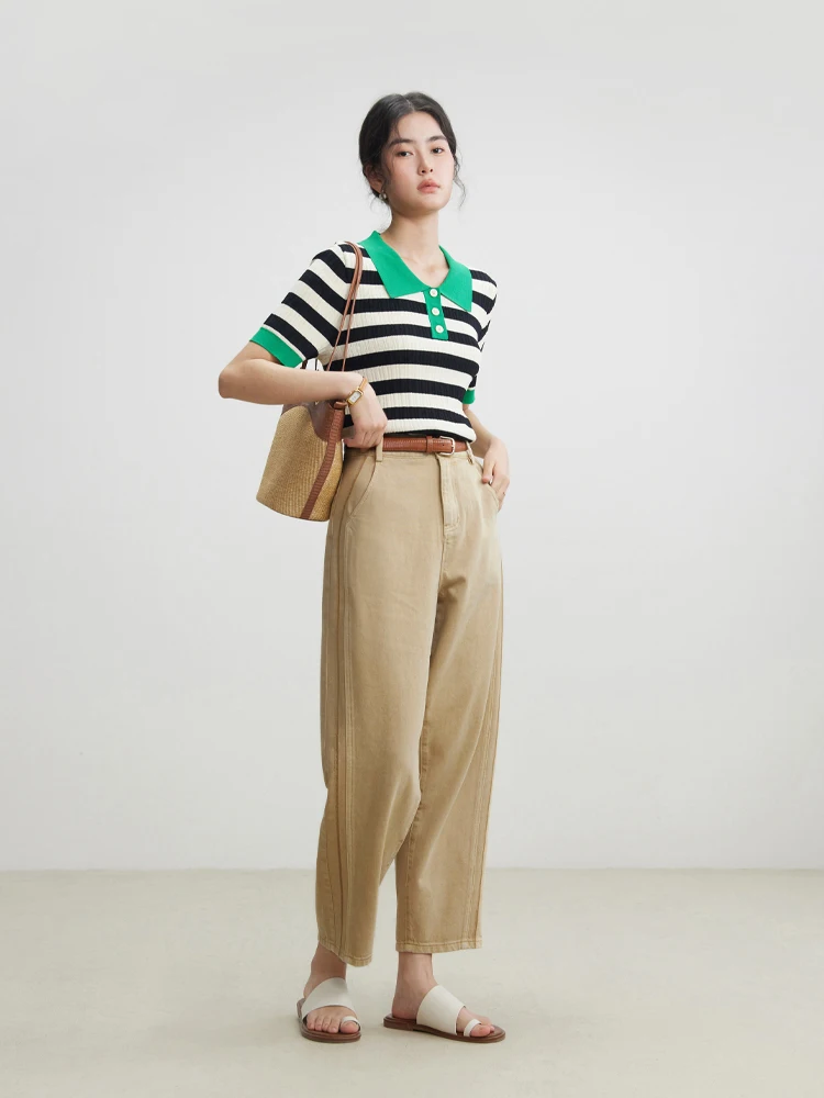 DUSHU 67.4% Cotton Retro Khaki Women Cropped Casual Jeans High Waist Tapered Pants 2024 Summer Colorful Jean 24DS82018