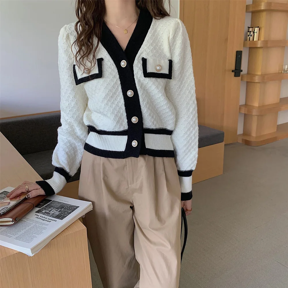 Croysier Cardigan 2021 Fashion Women Winter Contrast Color Trim V Neck Long Sleeve Pocket Button Up Knitted Cardigan Sweater ladies sweater