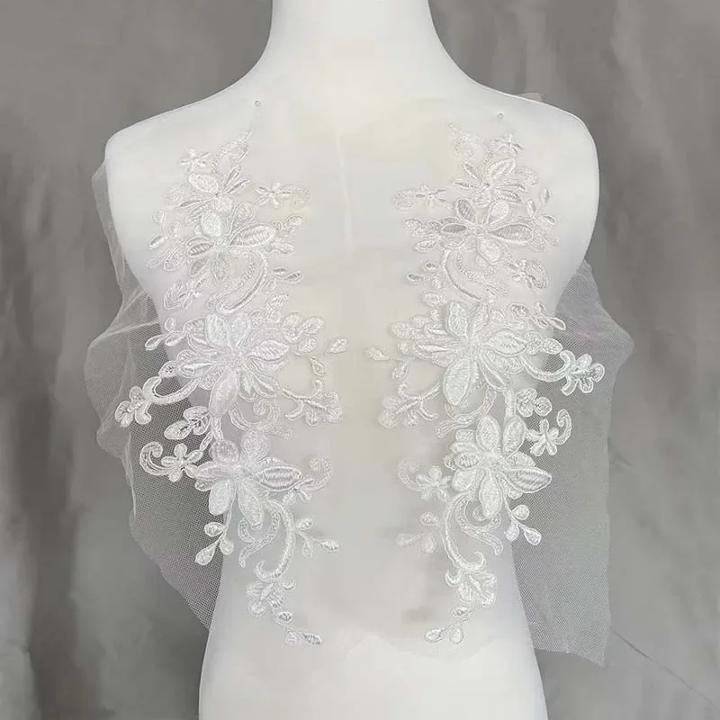 Lot 2 Appliques Dentelle 3D Fleurs Blanches Brodées – Patchs Vintage Couture Mariage, Robes, Sacs, 24,2 X 8,5 Cm