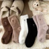 Autumn Winter Warm Floor Socks Fleece Thickened Embroidered Furry Socks Soft Cartoon Sleep Socks Women Bow