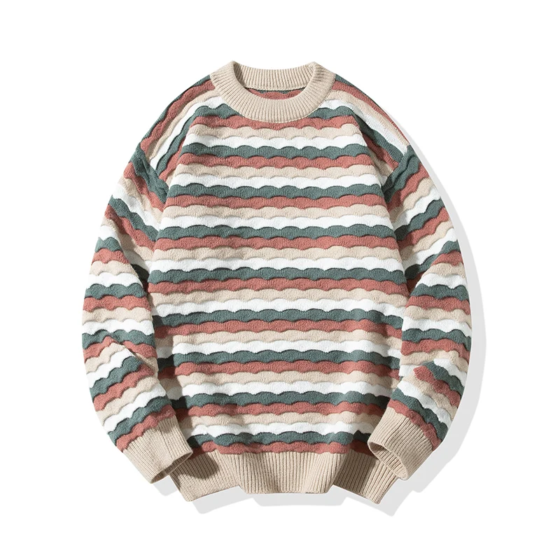 

Men's Rainbow Striped Sweater Classic Fit Crewneck Color Stacking Sweaters American Vintage Pullovers Fashion Couple Tops