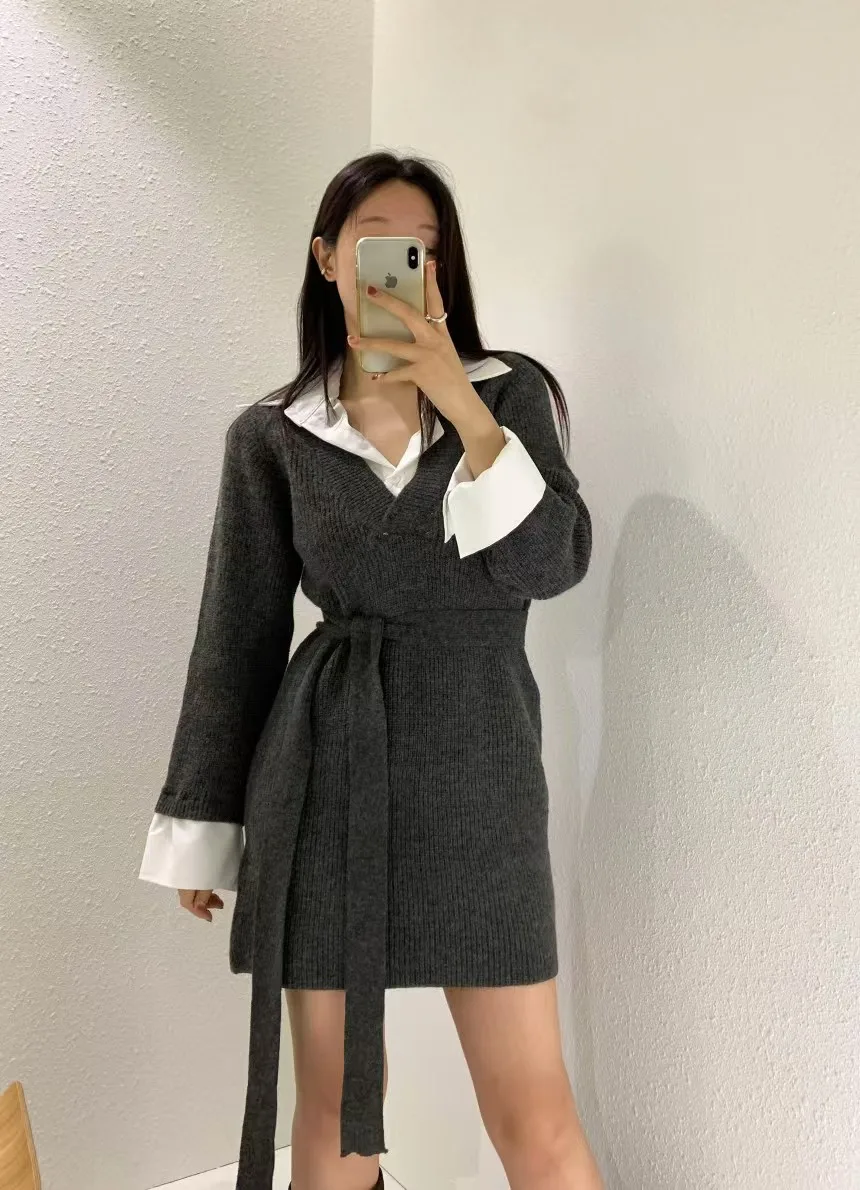 Korean Chic Mini Dresses Women Turn-down Collar Long Sleeve Shirt Patchwork Autumn Winter Knitted Dress Casual Fashion Vestidos