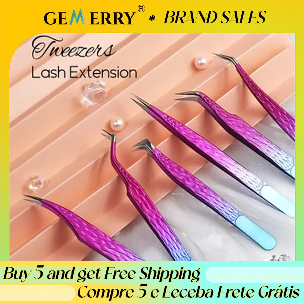 Gemerry Tweezers for Eyelash Extension Colorful Stainless Steel Superhard Tweezers High Precision Anti-Static Makeup eyelash tweezers