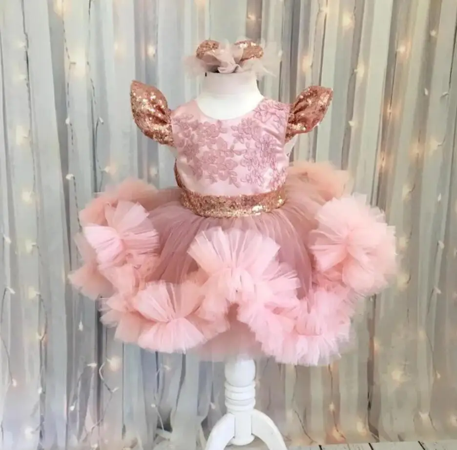 

Blush Tutu Kids Birthday Party Dress with Sequined Bow Children First Communion Gown Flower Girl Dress