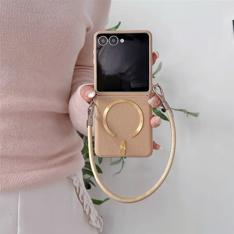 Enhanced Leather Magnetic Cover with Wristband and Lanyard for Seamless Wireless Charging