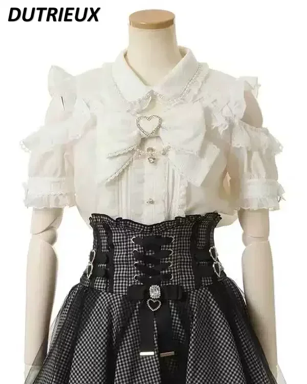 Japanese Mine Off-Shoulder Pearl Collar Cute Sweet Big Bow Shirt Skirt Outfit Women Summer New Lolita Short-Sleeved Shirt Skirts 3