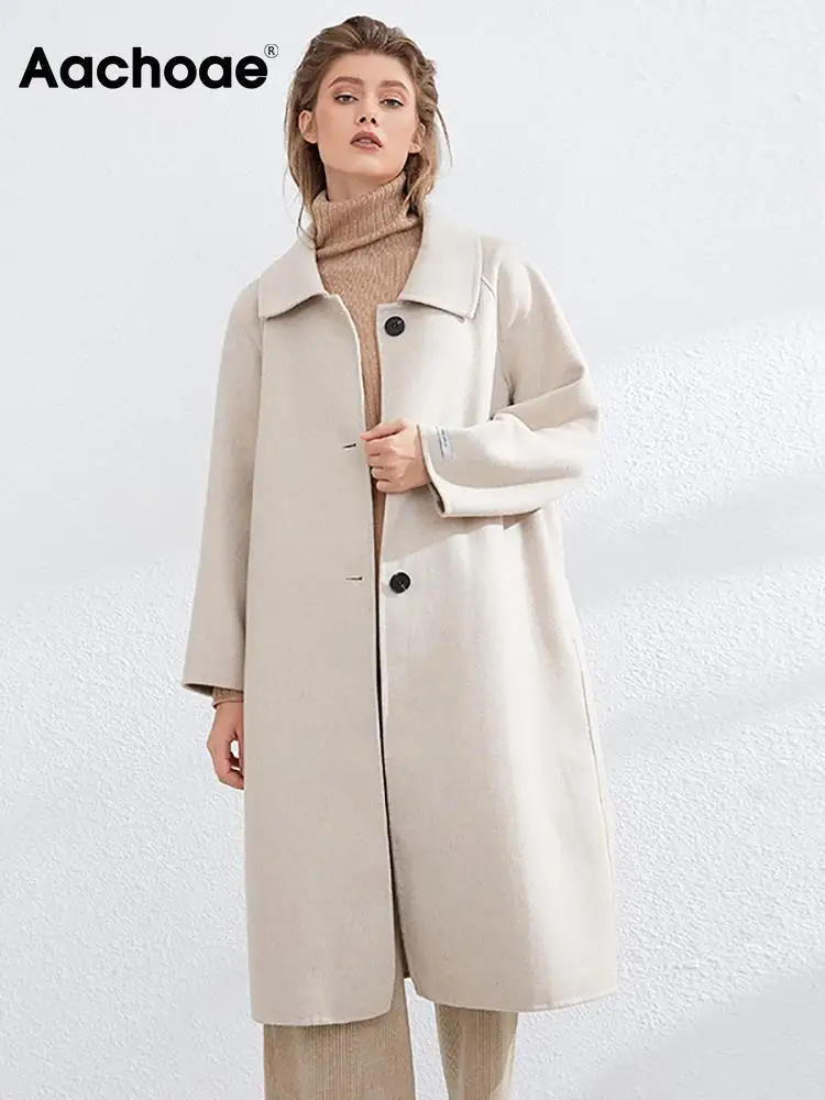 

Aachoae Winter Casual Single Breasted 100% Wool Coat Women Solid Color Turn Down Collar Long Jacket Outerwear Ladies Overcoat