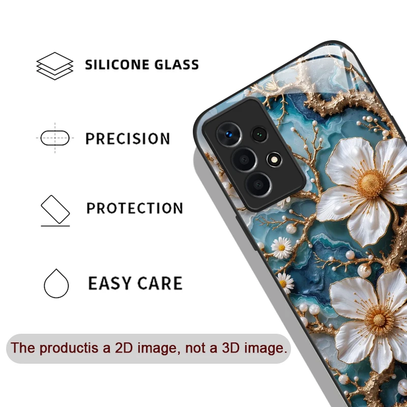 White Camellia Marble Texture Tempered Glass Phone Case