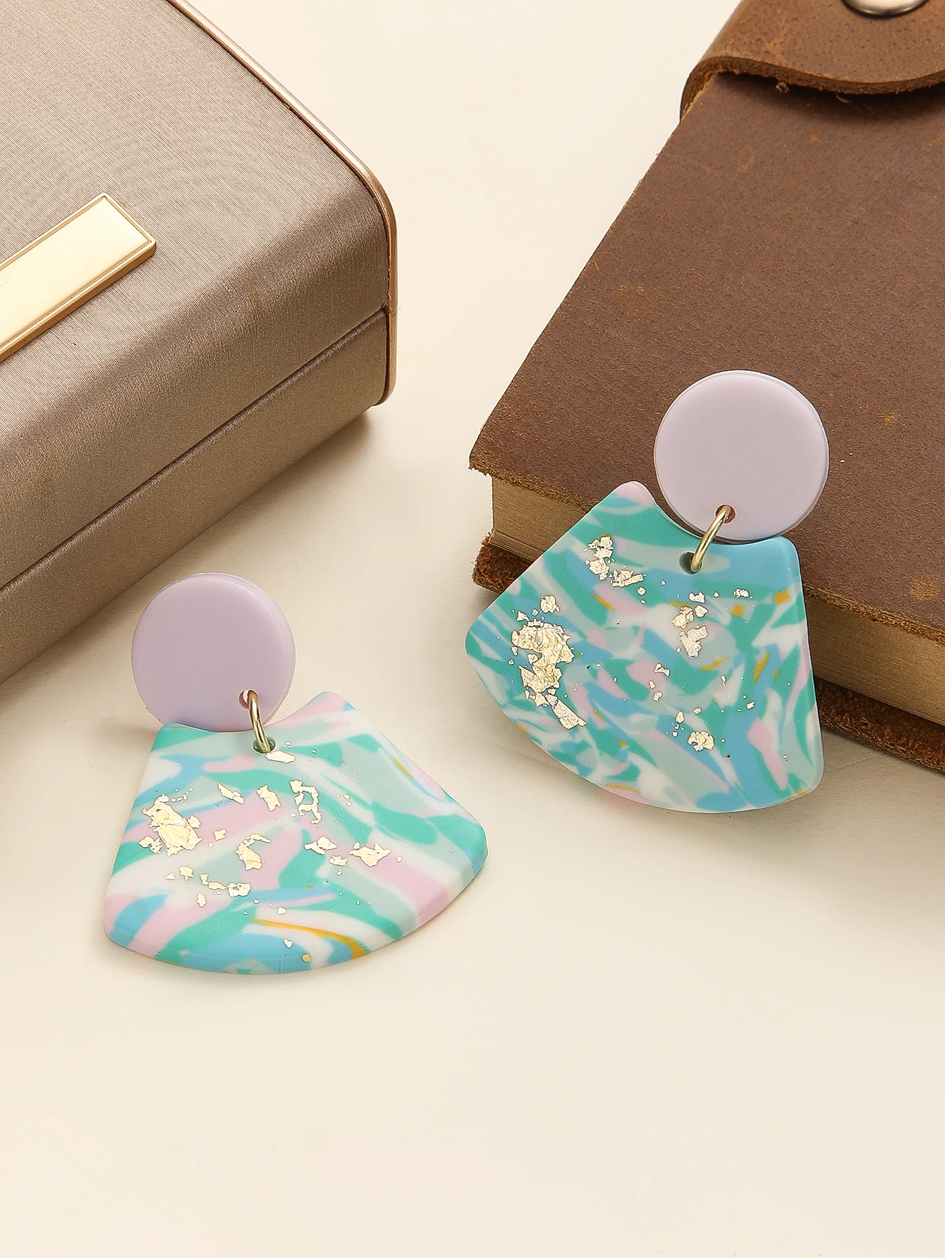 Artistic Lavender Rainbow Clay Earrings with Gold Foil Geometric Dangle