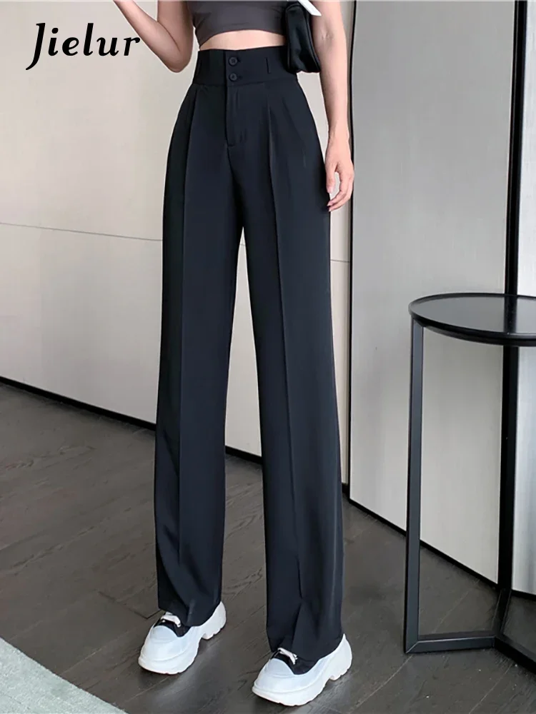 Jielur Spring Autumn Office Lady Wide Leg Pants Fashion Casual Loose High Waist Zipper Up Black White Straight Trousers