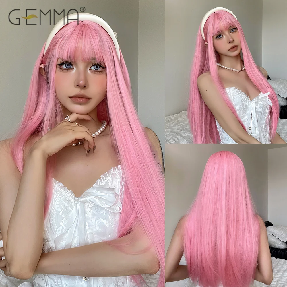 Pink Synthetic Long Straight Wig with Bangs for Women Cosplay Lolita Colored Wigs Natural Hair Heat Resistant Fibre Party Daily