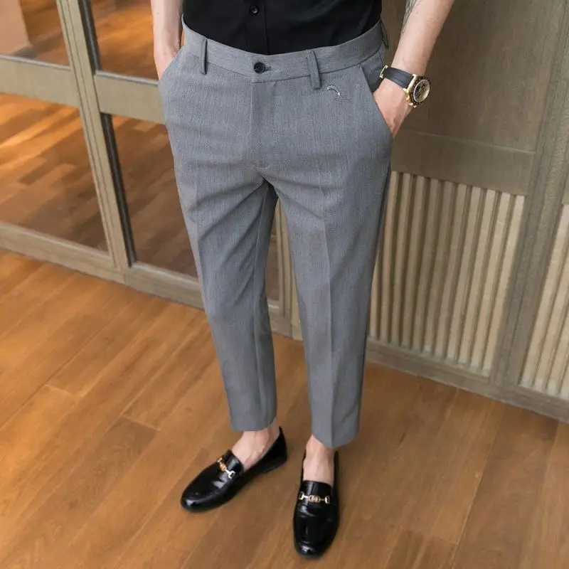 2024 Spring and Summer Casual Minimalist Business Trend High Waisted Button Pocket Korean Slim Fit Cropped Small Leg Suit Pants