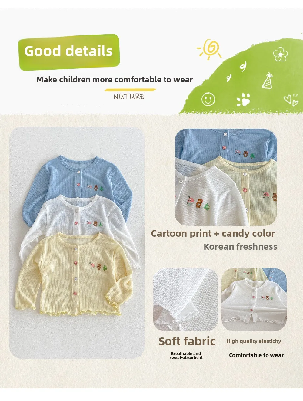Description Picture 2 of itemChildren's Cartoon Air Conditioning Shirt 2025 New Summer Girls Korean Version Thin Coat Baby Solid Color Cartoon Summer Outfit