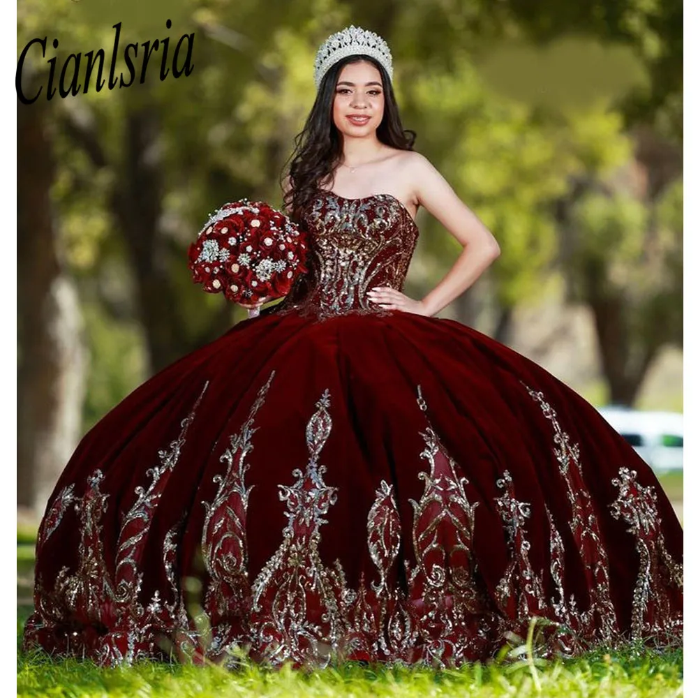 

Burgundy Sweetheart Quinceanera Dress Glittering Lace For 15 Party Formal Dress Ball Gown 16 Birthday Princess Gown Gown