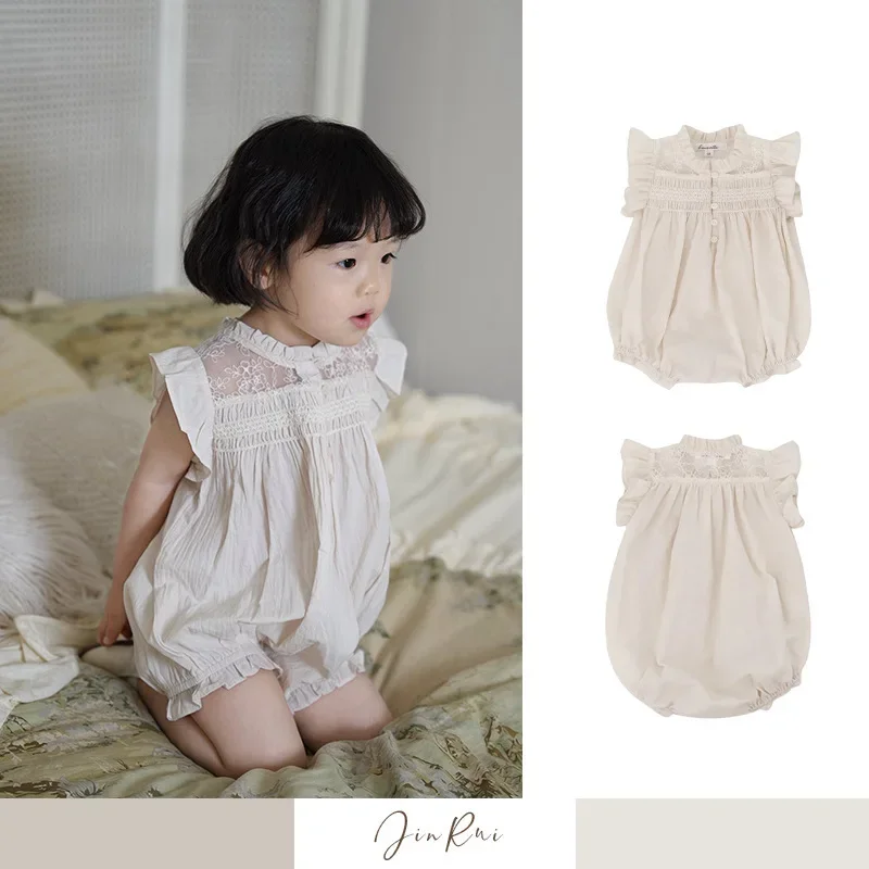 

In Stock! INS Style 2024 Spring Pure Cotton Flying Sleeve Exquisite Baby Girl Triangle Rompers