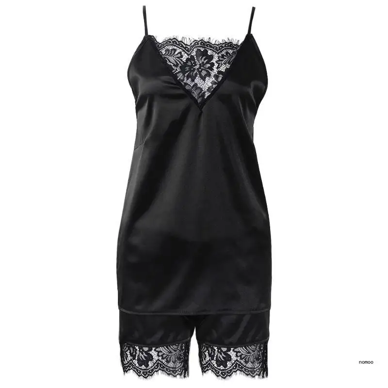 

Womens Ice Silk Eyelash Lace Patchwork Pajamas Set Sexy Lingerie Solid