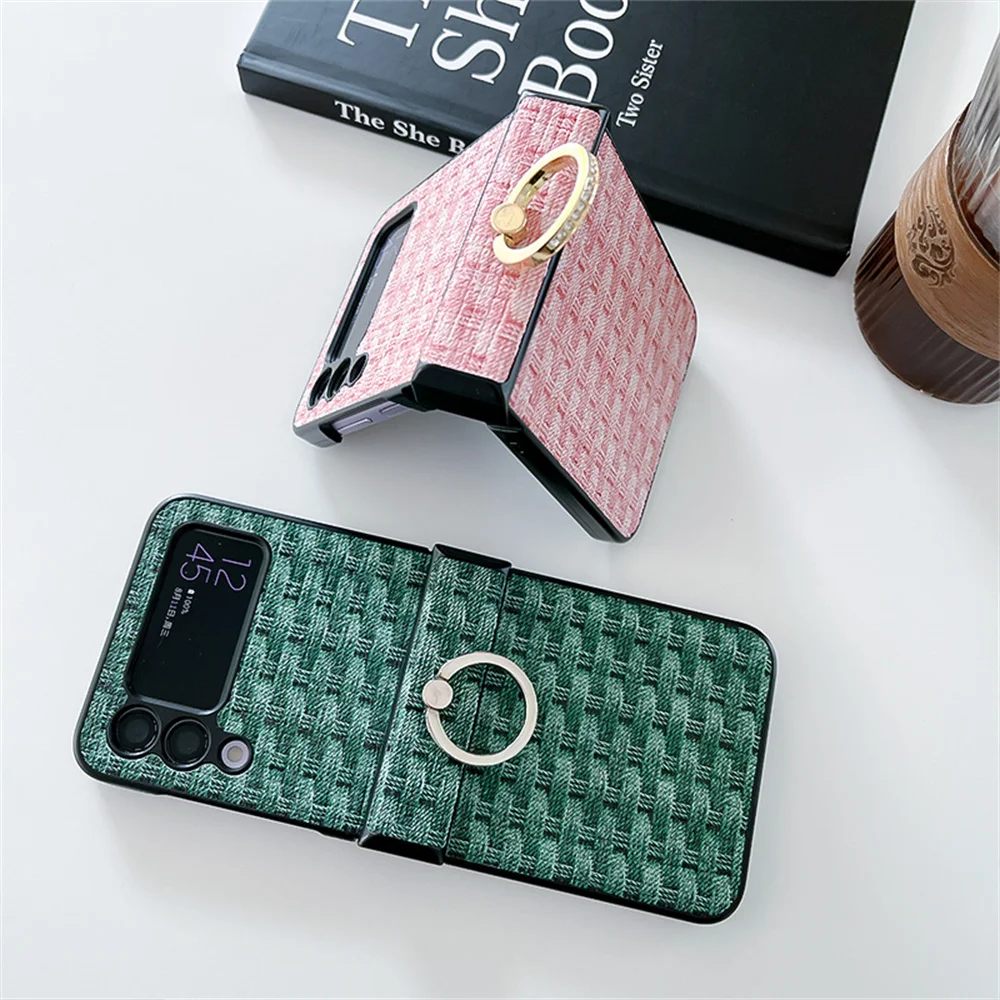 Luxury Weave Pattern Hinge Metal Finger Ring Holder Case - Shockproof Bumper Cover