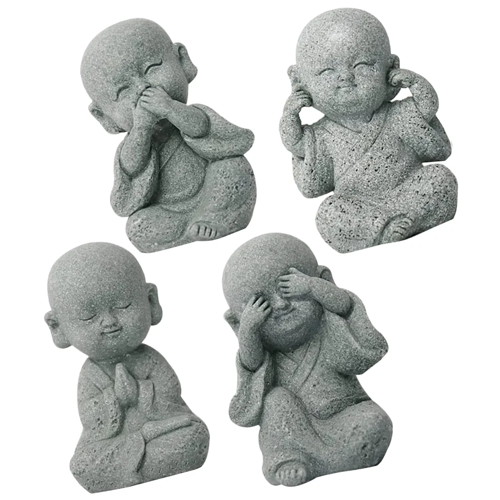 

4 Pcs Baby Buddha Statue Decor Little Monk Sculpture Statues for Home Zen Decorations Figurine Small Sandstone Figurines
