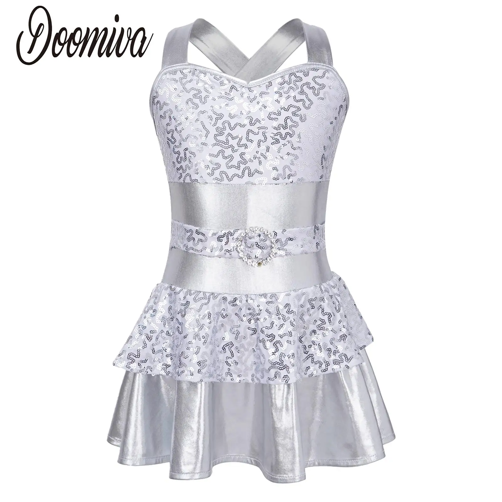 

Блестящее детское платье для джазовых танцев без рукавов для девочек, трико с блестками, танцевальное Многоярусное платье с плиссировкой, одежда для соревнований по джазовому танцу