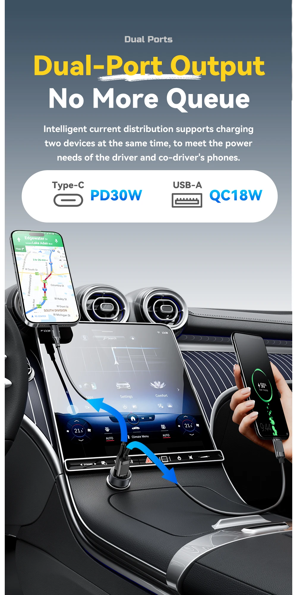 30W Mini Car Charger PD3.0 QC3.0 Quick Charge Type C Car Charger PD 22.5W Fast C